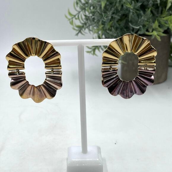 J. Crew Signed Mixed Metal Tri-Color Wavy Rippled Dangle Pierced Earrings - Picture 1 of 8